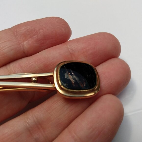Vintage Tie Bar Clip Slide Gold Tone Black Sparkle Dapper - Picture 2 of 9